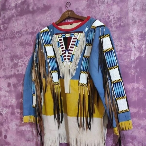 Old Style American Buckskin Buffalo Beaded Fringes Powwow Regalia War Shirt