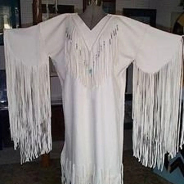 Native American Handmade White Leather Long Fringes Wedding Dress Beaded V Neck Powwow Regalia for Women