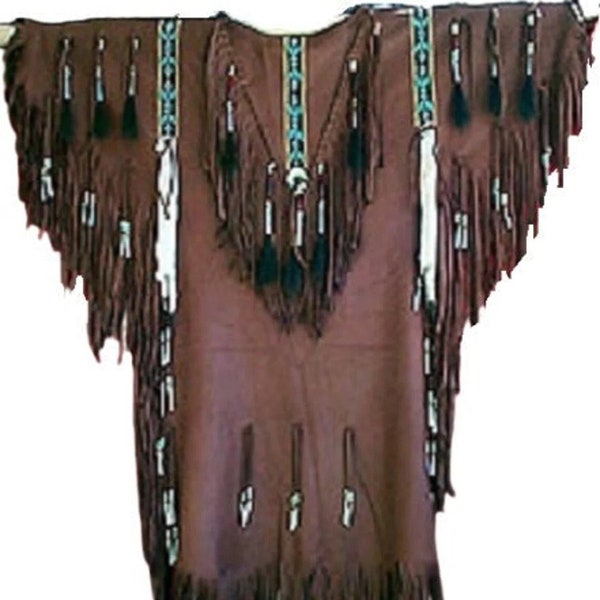 Traditional Women's Brown Suede Leather Long Fringes Beaded Wedding Dress Powwow Regalia