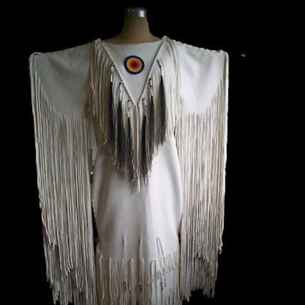 Womens White Leather Handmade Long Fringes Beaded Wedding Dress Powwow Regaliav