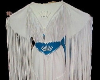 Women's Handmade White Leather Long Fringes Blue Belt Wedding Dress Powwow Regalia