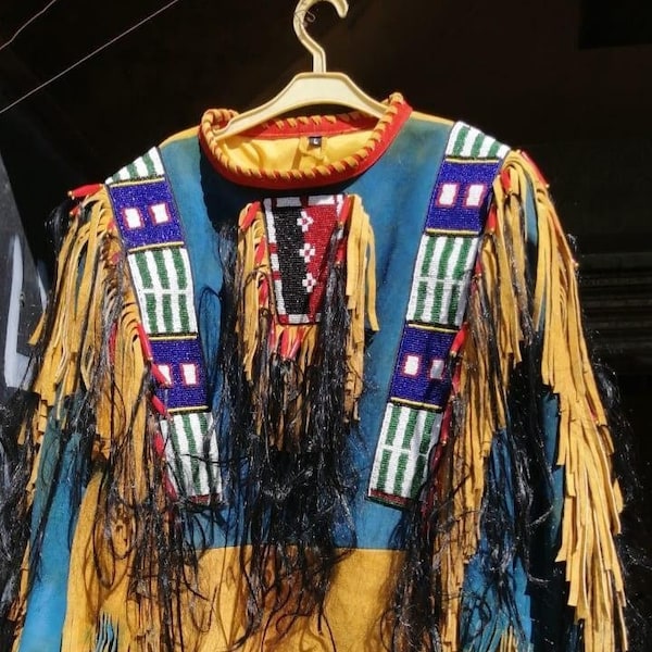 Old Style American Buckskin Buffalo Beaded Fringes Powwow Regalia War Shirt