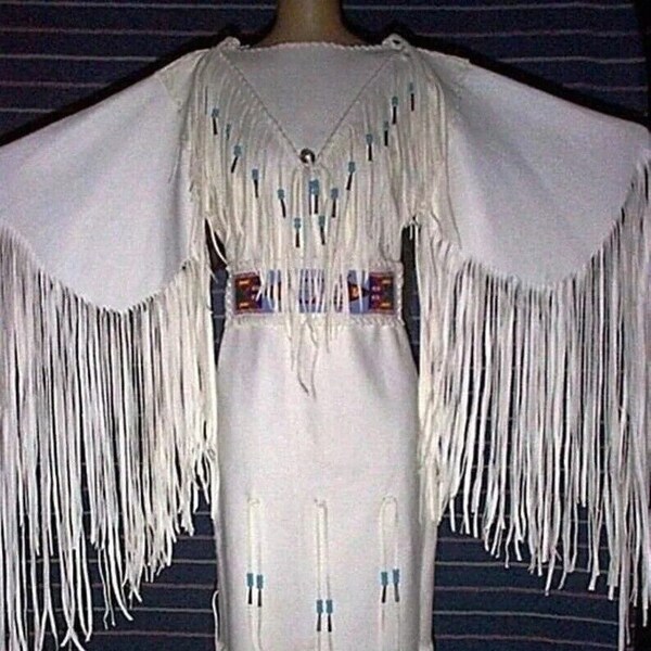 Womens White Leather Handmade Long Fringes Beaded Wedding Dress Powwow Regaliav