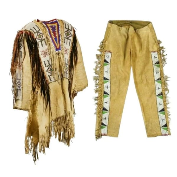 Old Style Beige Buckskin Suede Hide Beaded Fringe Powwow War Shirt & Pant native Indian american for Mens