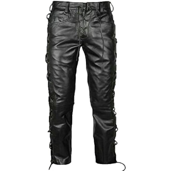 Side Lace Up Black Bikers Men Black Leather Pants, Real Cow Leather, Classic Look, Hand Made Pant for Men.