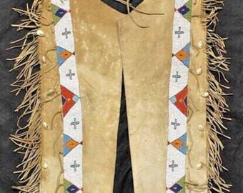 Old American Style Beige Buckskin Suede Leather / Wool Beaded Leggings