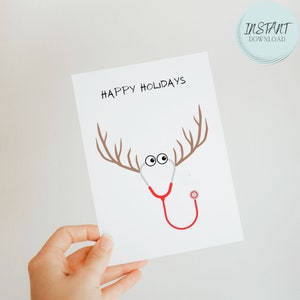 Tarjeta navideña con estetoscopio de reno, tarjeta de felices fiestas, tarjeta de Navidad, tarjeta de médico, tarjeta de enfermera, tarjeta de atención médica, PDF, tarjeta de estetoscopio