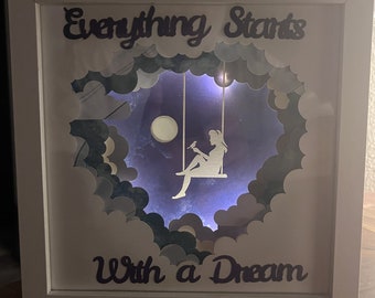 Könnte beinhalten: Ein weißer Rahmen mit hellblauem Hintergrund und einer Silhouette einer Person, die auf einer Schaukel sitzt. Der Rahmen trägt den Text "Everything Starts With a Dream" in lila Schrift.