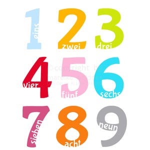 May include: Colorful number graphics from one to nine, each in a different hue, with the number's name written in a smaller font. The numbers are set against a white background. The text "Bügelbild - Schrift 02 (Flockfolie)" is at the top.