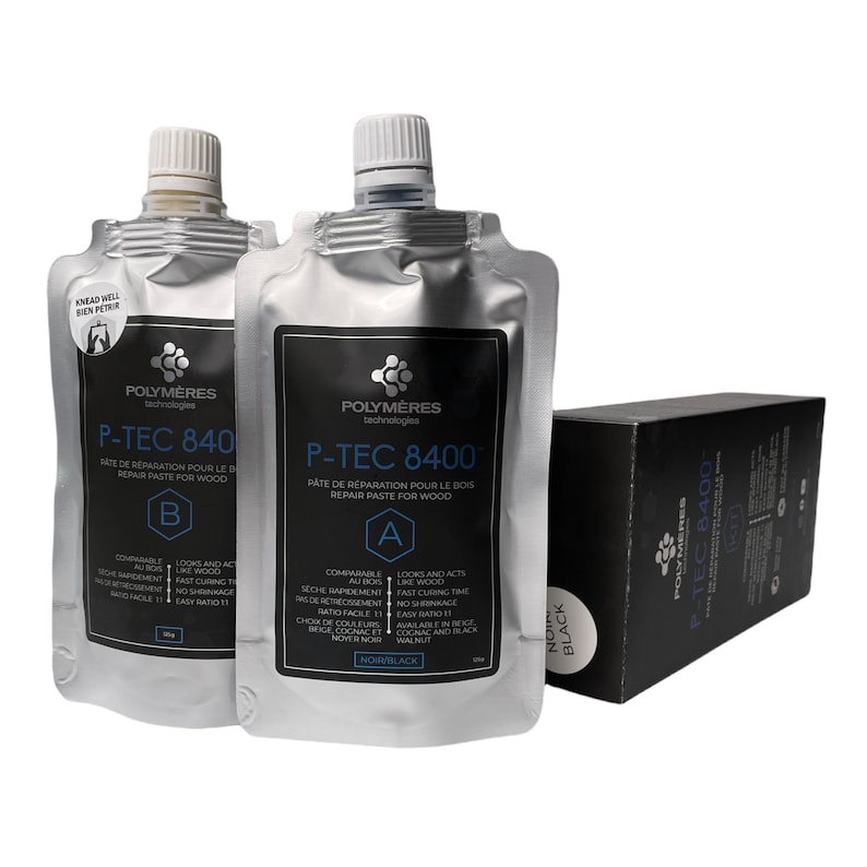 May include: Two tubes of wood repair paste labeled "P-TEC 8400" in silver packaging with black text. The tubes are labeled "A" and "B" and are accompanied by a black box labeled "P-TEC 8400" with the word "BLACK" in white text.