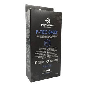 May include: A black box with a white label that says "P-TEC 8400&trade;" and "Repair Paste for Wood". The box also says "Kit", "Comparable au bois", "S&egrave;che rapidement", "Sans COV VOC free", "Noir/Black", "Fait au Canada Made in Canada", and "Nous suivre/Follow us chilepoxy.com".
