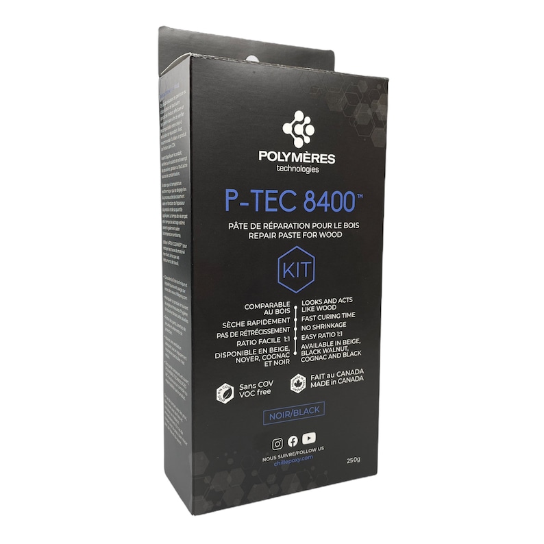 May include: A black box with a white label that says "P-TEC 8400&trade;" and "Repair Paste for Wood". The box also says "Kit", "Comparable au bois", "S&egrave;che rapidement", "Sans COV VOC free", "Noir/Black", "Fait au Canada Made in Canada", and "Nous suivre/Follow us chilepoxy.com".