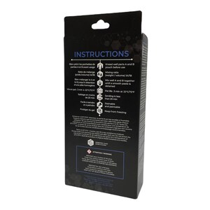 May include: Instructions for a two-part epoxy resin kit. The packaging is black with white text and includes a warning label. The instructions include mixing ratio, pot life, sanding time, and how to protect the resin from freezing.