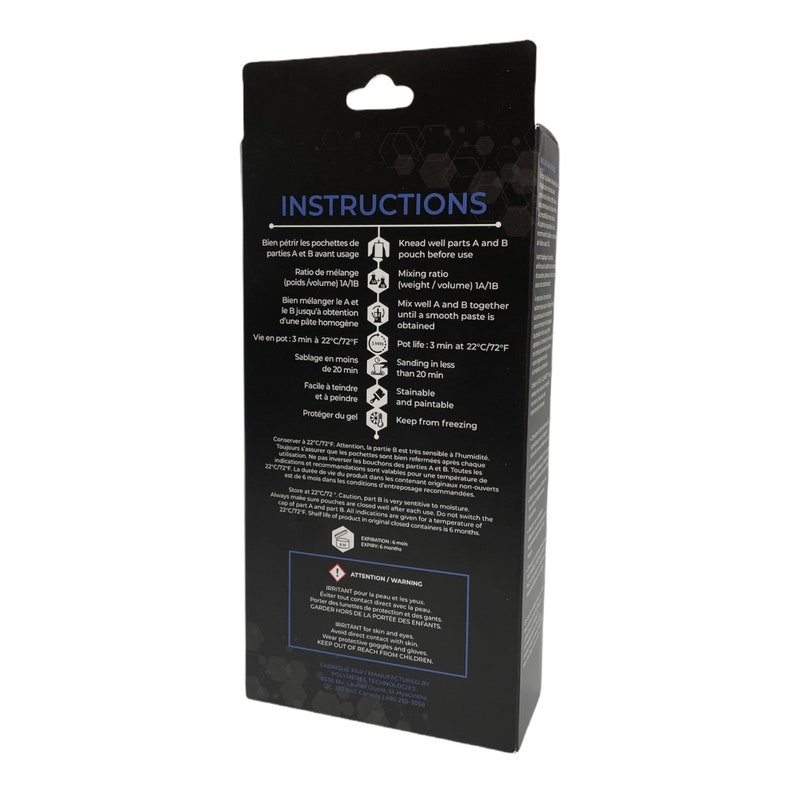 May include: Instructions for a two-part epoxy resin kit. The packaging is black with white text and includes a warning label. The instructions include mixing ratio, pot life, sanding time, and how to protect the resin from freezing.