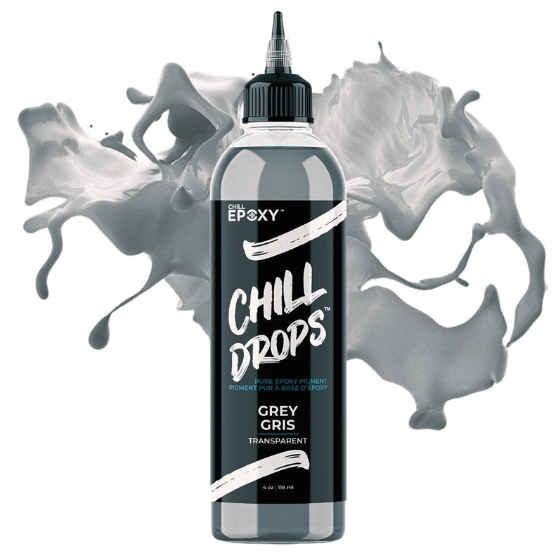 May include: A 4-ounce bottle of gray epoxy pigment labeled "Chill Drops" by Chill Epoxy. The bottle is transparent and shows the gray pigment inside. The label also says "Pure Epoxy Pigment" and "Grey Gris Transparent".