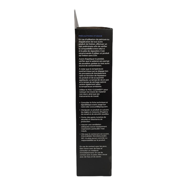 May include: Black and white product packaging with the text "PRECAUTIONS D'USAGE" and instructions for using the product. The text is in French.