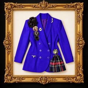 May include: A vibrant royal blue double-breasted blazer featuring a large black fabric flower, a circular smiley face patch, a black ribbon brooch, a small shield pin, and a pearl-accented pin. A plaid kilt-style fabric panel is attached.