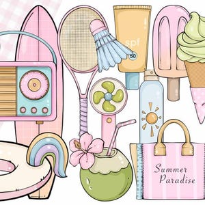 Può includere: Una collezione di illustrazioni a tema estivo. Include un pallone da spiaggia, un galleggiante a forma di unicorno, una radio, una tavola da surf, una racchetta da tennis, crema solare, un ghiacciolo, un cono gelato, un cocktail, un ventilatore, una bevanda al cocco, una borsa da spiaggia con il testo "Summer Paradise" e una borsa.