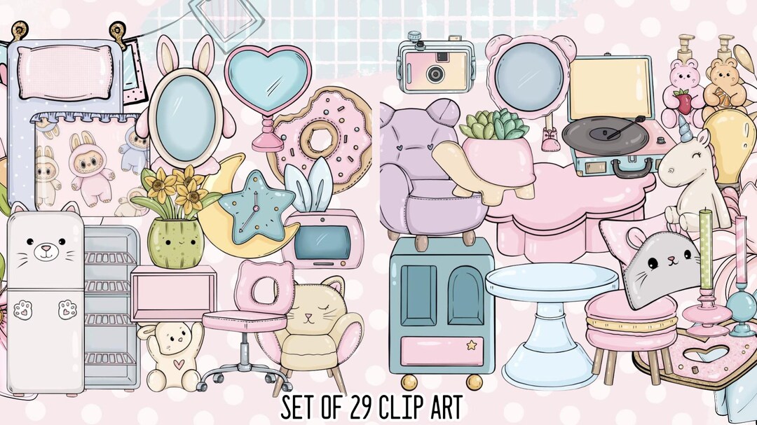 Kawaii Interior Clipart Set: Home Decor PNG Illustrations (digital ...