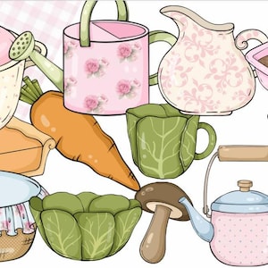 Può includere: Illustrazione di oggetti da giardino e da cucina, tra cui una pentola rosa a pois con fragola, un annaffiatoio, un cestino, una carota, un cavolo, un fungo, una teiera, una tazza, una pala e una bottiglia di latte.
