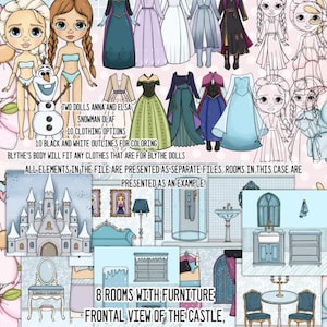 Pode incluir: Ilustração digital com duas bonecas, Anna e Elsa, um boneco de neve, Olaf, e 10 opções de roupas. A imagem inclui 8 quartos com móveis e uma vista frontal de um castelo. O texto na imagem diz: "TWO DOLLS ANNA AND ELISA, SNOWMAN OLAF, 10 CLOTHING OPTIONS."