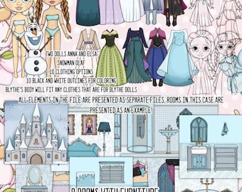 Frozen Anna Elsa Paper Dolls, Clothes & Castle (Digital Download)