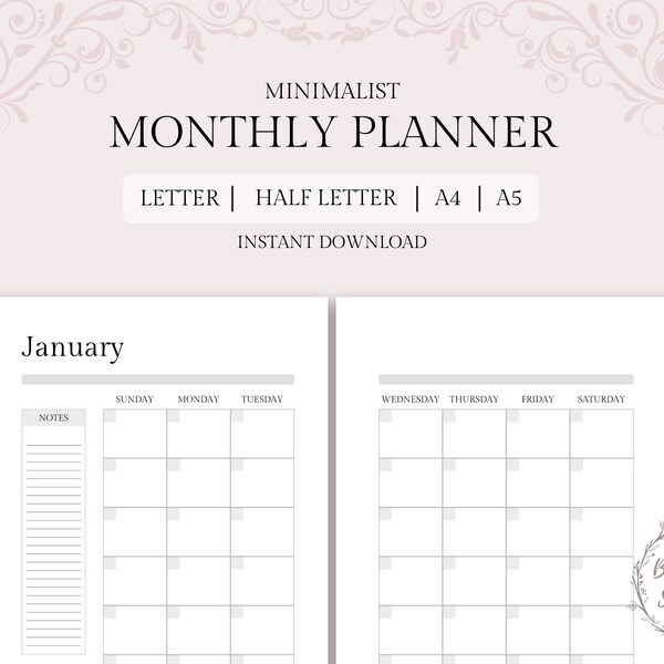 Printable Month on 2-Pages Planner | Minimalist Monthly Planner | Personal Planner | Planner Refill | Planner Accessories