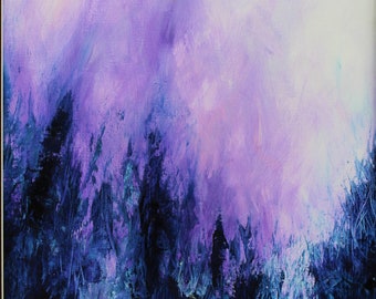 Expressive, contemporary purple forest oil painting by Chrissy Ramsay.