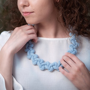 Cotton rope necklace, knotted necklace, statement necklace, bib necklace, gift ideas, textile necklace, textile jewellery, Mothers Day Light Blue