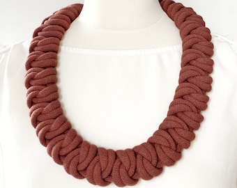 Versatile and stylish chunky knotted cotton rope necklace made from lightweight soft cotton cord, an ideal piece of textile accessory