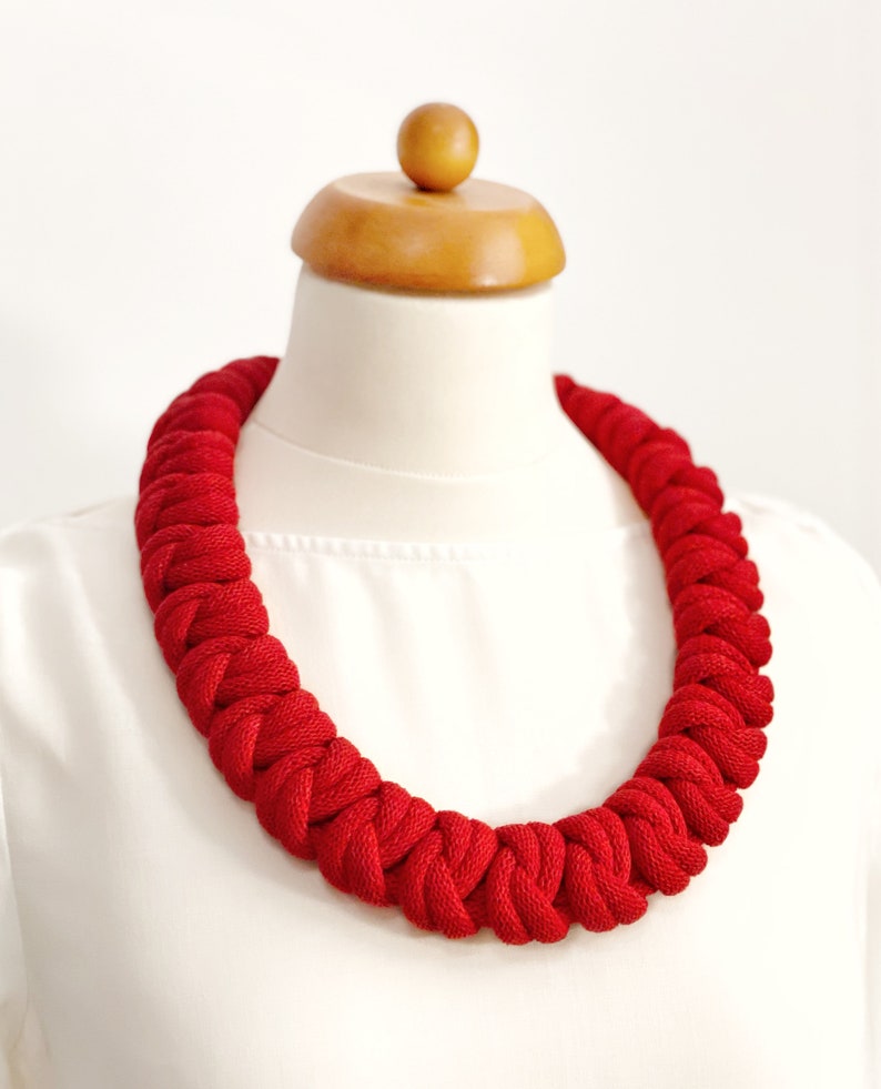 Knotted cotton rope necklace made from lightweight soft cotton cord, statement necklace, chunky necklace, textile jewellery, gift ideas Red