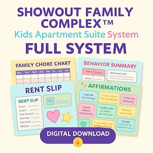 Könnte beinhalten: Ein farbenfrohes digitales Download-Grafik mit dem Text "SHOWOUT FAMILY COMPLEX" und "Kids Apartment Suite System". Das Bild enthält einen Arbeitsplan, einen Mietbeleg, eine Verhaltenszusammenfassung und Affirmationskarten. Download-Button unten.
