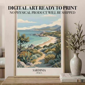 Può includere: Una stampa artistica incorniciata con un paesaggio costiero della Sardegna, Italia. L'opera d'arte mostra una spiaggia, acqua turchese e dolci colline sotto un cielo blu. Il testo in alto recita "DIGITAL ART READY TO PRINT" e "NO PHYSICAL PRODUCT WILL BE SHIPPED".