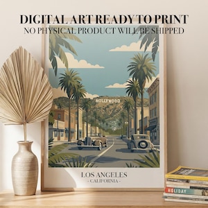 Può includere: Una stampa artistica incorniciata con un'illustrazione vintage di Los Angeles, California. L'opera raffigura palme, auto d'epoca e l'insegna di Hollywood sotto un cielo blu. Il testo in basso recita "LOS ANGELES - CALIFORNIA -." La stampa è pronta per la stampa.
