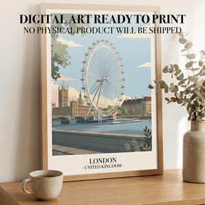 London Travel Poster | Minimalist London Eye Big Ben Print | Pastel Cityscape Wall Art Retro England Decor Printable