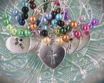 Heart & Cross Wine Charms - Silver Beaded Wedding Favors