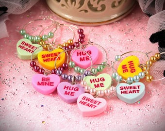 Candy Hearts Wine Charms - Handmade Glass Beaded Drink Markers