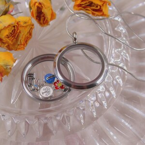 May include: A silver locket necklace with a clear glass face, open to reveal small charms. Charms include a tree, a red and white flower, a blue sphere, and a silver charm. Yellow dried roses are scattered around the locket.