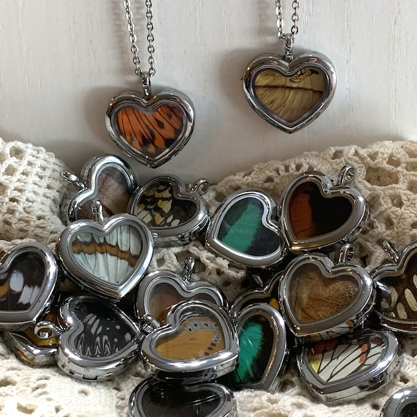 Collier coeur aile de papillon, pendentif médaillon réversible