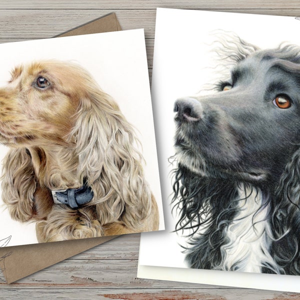 Golden Cocker Spaniel greeting card or Black Cocker Spaniel greeting card. Blank inside for own personal message.