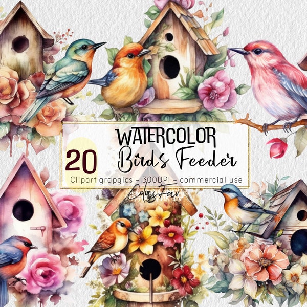 Whimsical Watercolor Spring Bird Feeder Clipart Bundle Charming Garden Scenes with Adorable Birds and Birdhouses for Inviting Designs