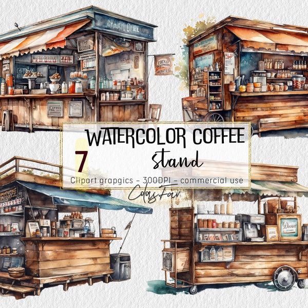 Watercolor Coffee Stands Bundle : Whimsical Café Illustrations for Menus, Branding, and More