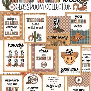May include: A set of 10 printable classroom posters with a Wild West theme. The posters feature colorful illustrations and inspirational quotes like "Today a reader, tomorrow a leader" and "Our class is a family".