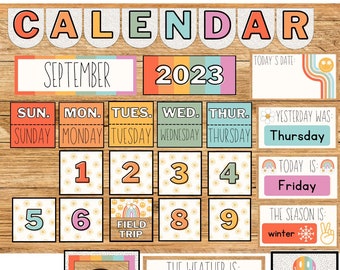 May include: A colorful classroom calendar with a rainbow theme. The calendar features a September 2023 header, days of the week, and numbered squares for each day. The calendar also includes a field trip reminder, a weather section, and a happy birthday sign.