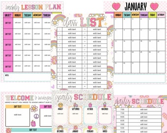 Könnte beinhalten: Ein druckbarer Satz an Klassendekorationen mit Disco-Thema. Das Set beinhaltet einen wöchentlichen Stundenplan, eine Klassenliste, einen Januar-Kalender, einen Jahresplan und einen Tagesplan. Das Design zeigt Regenbögen, Peace-Zeichen, Discokugeln und Rollschuhe.