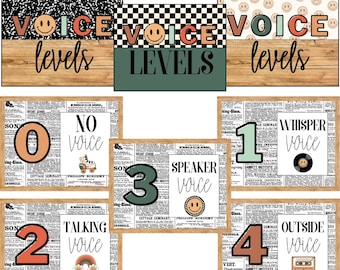 May include: A set of classroom posters with a groovy vintage theme. The posters feature a rainbow, a cassette tape, a mushroom, and a record player. The posters are designed to help students learn about different voice levels. The posters feature the words "No Voice", "Whisper Voice", "Talking Voice", "Speaker Voice", and "Outside Voice".