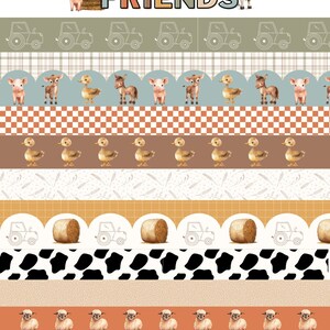 May include: A digital paper pack with a farm theme. The pack includes various borders with farm animals, tractors, hay bales, and other farm-related designs. The text "farm FRIENDS" is featured at the top of the pack.