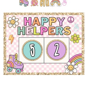 May include: A pink and white checkered background with a gold glitter border. The text "HAPPY HELPERS" is in rainbow colors. There are two circles with the numbers 5 and 2 in them. There are also various retro-style illustrations, including a roller skate, a rainbow, and flowers.