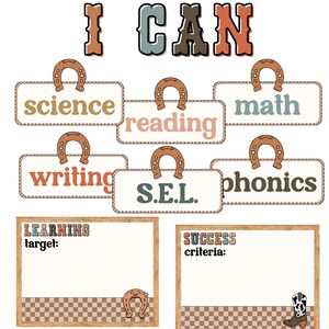 May include: A Wild Wild West themed classroom decor set with the words "I Can" in large letters. The set includes labels for different subjects like science, reading, math, writing, SEL, and phonics. There are also two blank spaces for learning targets and success criteria.