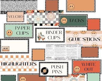 May include: Groovy Vintage label stickers with a retro 70s theme. The labels feature a variety of designs, including smiley faces, rainbows, roller skates, and cassette tapes. The labels are perfect for organising and decorating school supplies, notebooks, and planners.